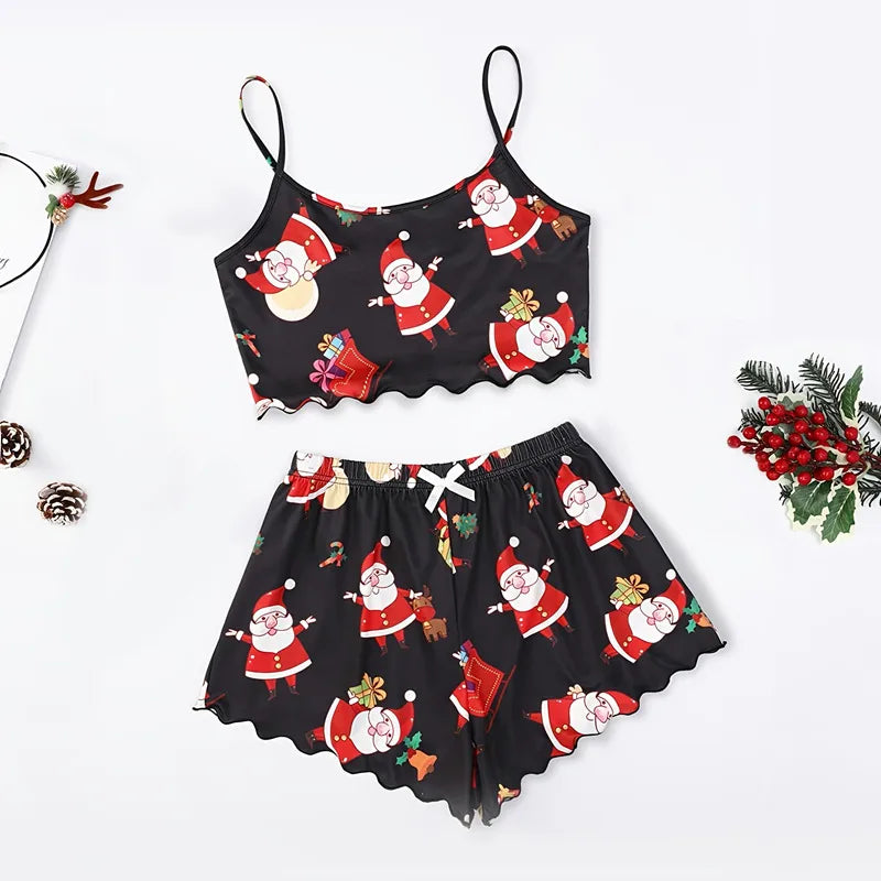 Home Festival Women's Christmas Printing Polyester Milk Fiber Printing Shorts Sets Pajama Sets