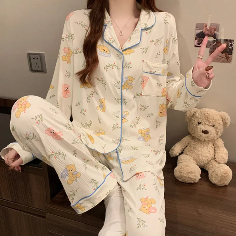 Spring Edition Pleated Fabric Sleepwear Long Sleeve Home Clothes Set For Women Sweet Cute Style Casual Breathable Polyester Milk Silk