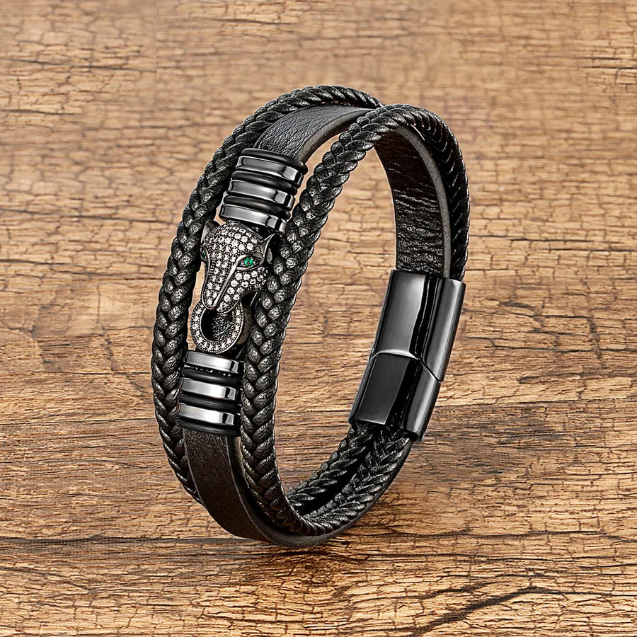 luxurious punk animal leather rope metal handmade inlay rhinestones men's bracelets