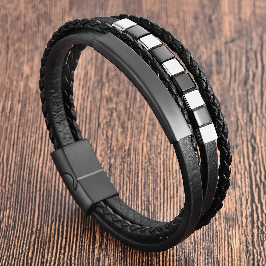 Vintage Style Classic Style Geometric Pu Leather Titanium Steel Woven Chain Wrap Bracelets Wholesale