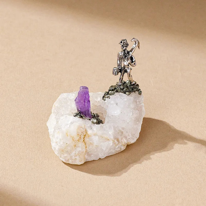 Natural Agate Alloy Silver Miner Ornaments Crystal Raw Stone Crystal Crafts Handmade Home Decoration