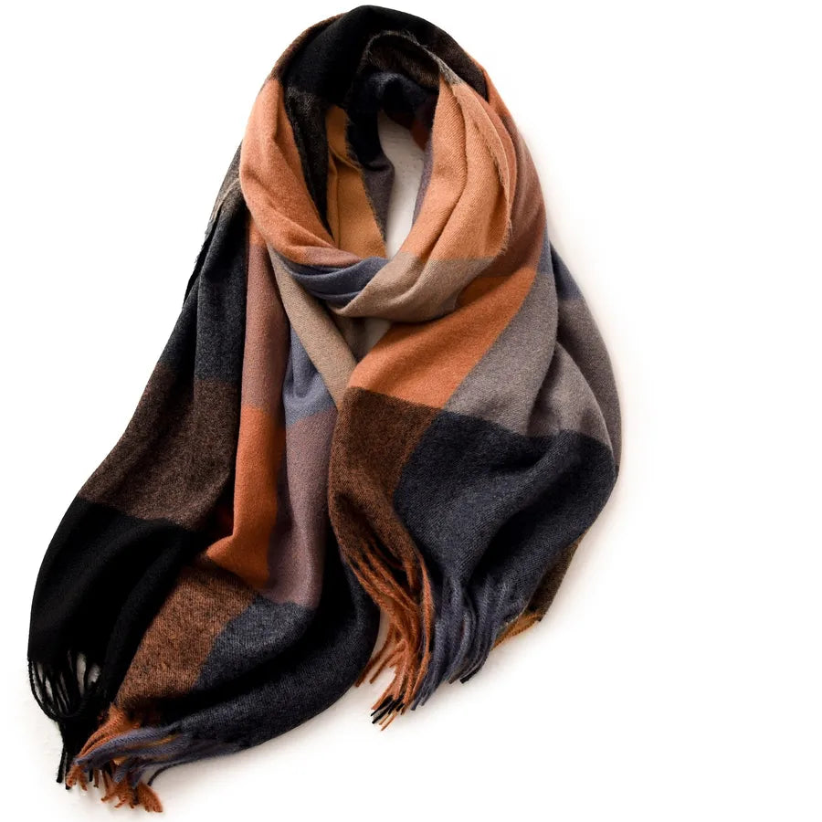 women's retro plaid imitation cashmere tassel winter scarves