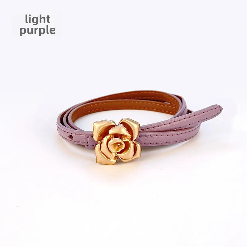 New Genuine Leather Women's Thin Belt Women's Flower Waist Slim Cowhide Women's Belt with Sweater Dress