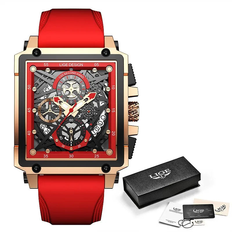 LIGE/LIGE  new men's watch Square multi-function chronograph 30m waterproof watch