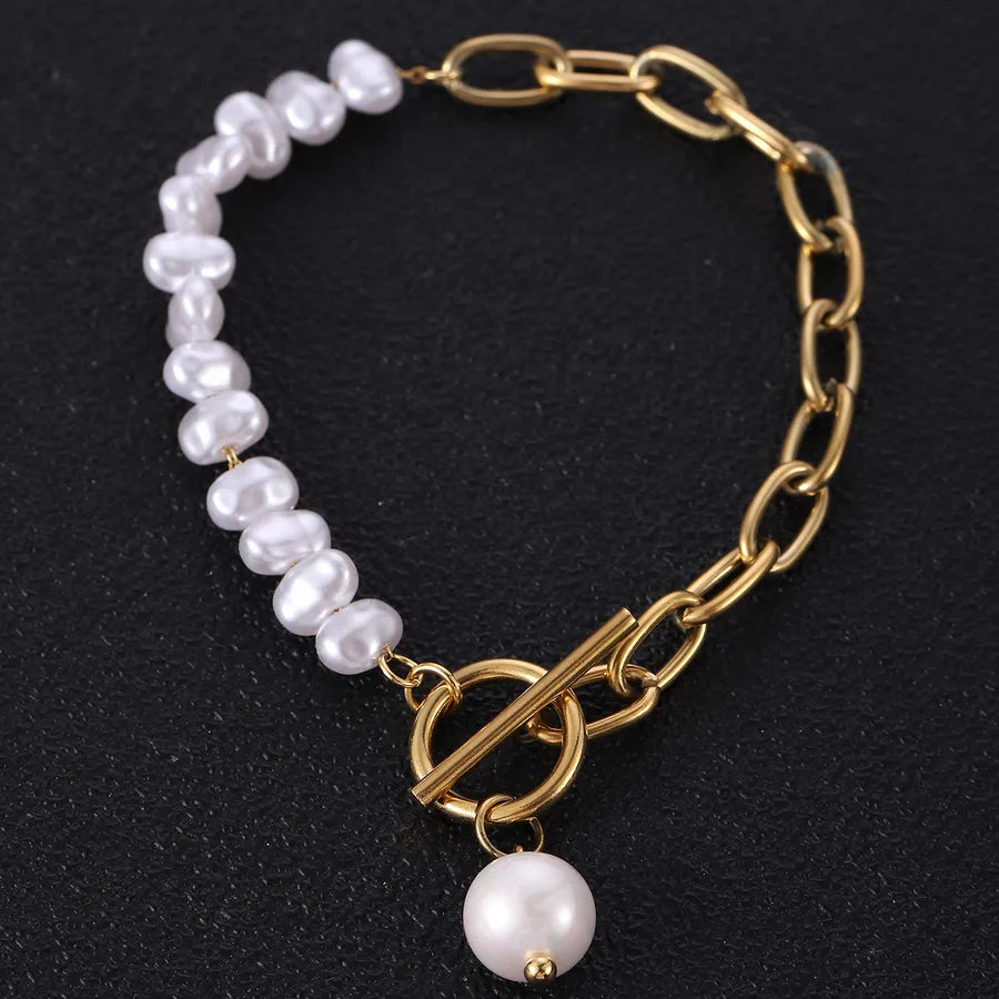 Elegant Retro Pearl Imitation Pearl Titanium Steel Paperclip Chain Bracelets In Bulk