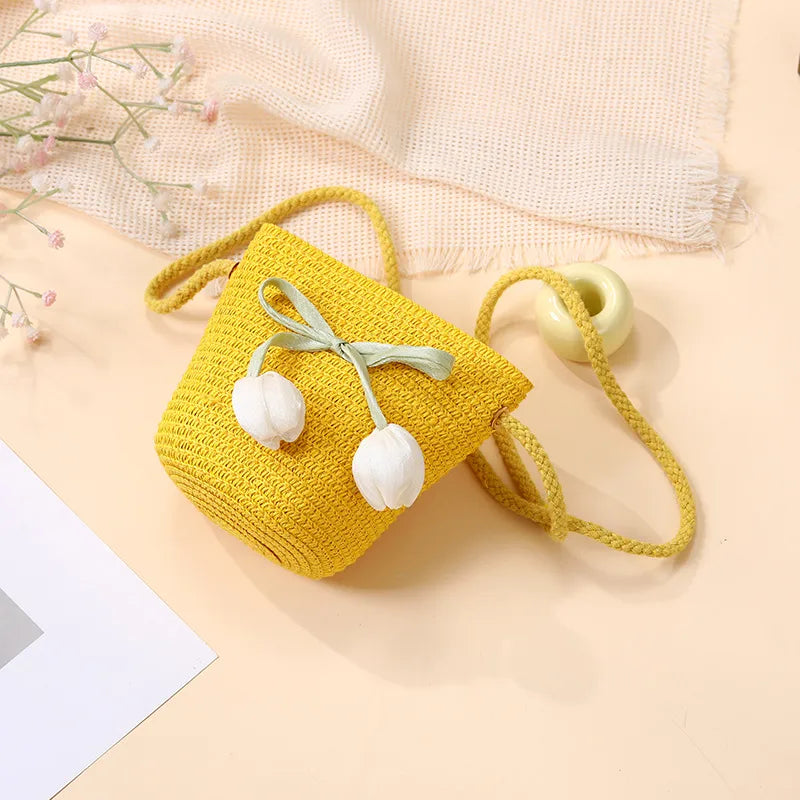 Summer Beach Seaside Tulip Straw Woven Bag  New Children Flower Straw Bag Mobile Phone Crossbody Bag