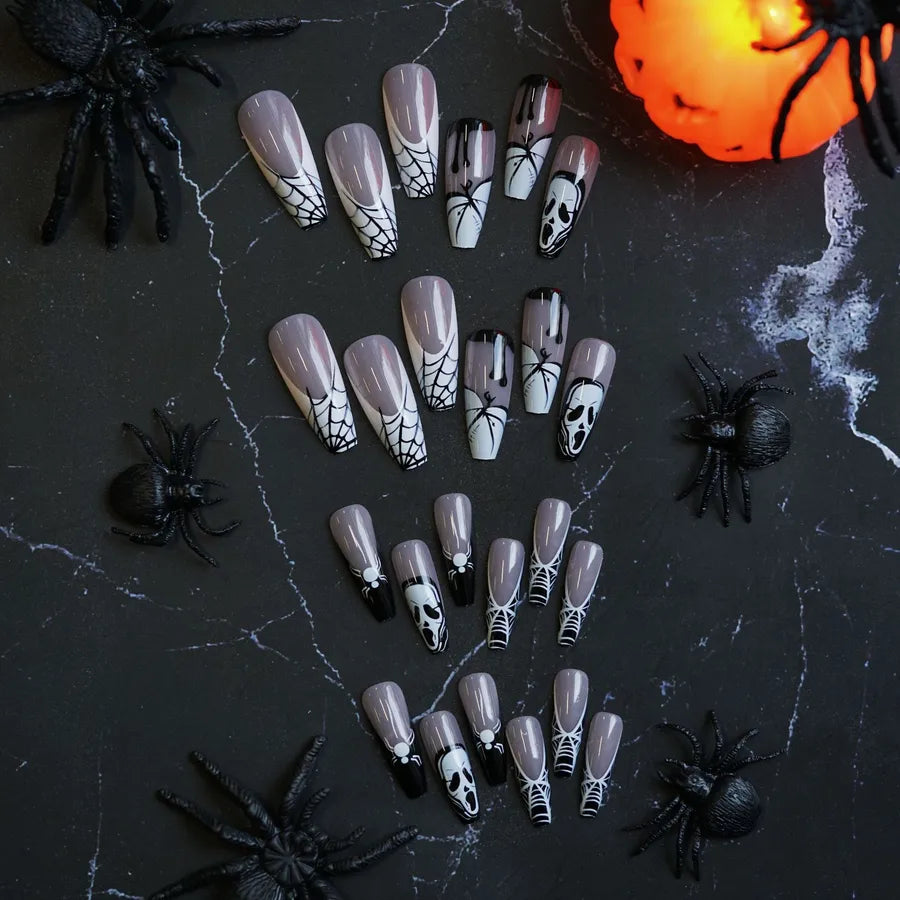 24 pcs/box Wholesale White Spider Skull Patterned Nails Halloween Press on Nail