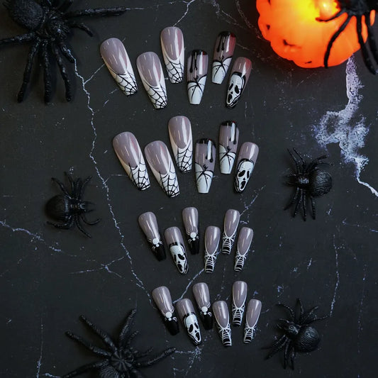 24 pcs/box Wholesale White Spider Skull Patterned Nails Halloween Press on Nail