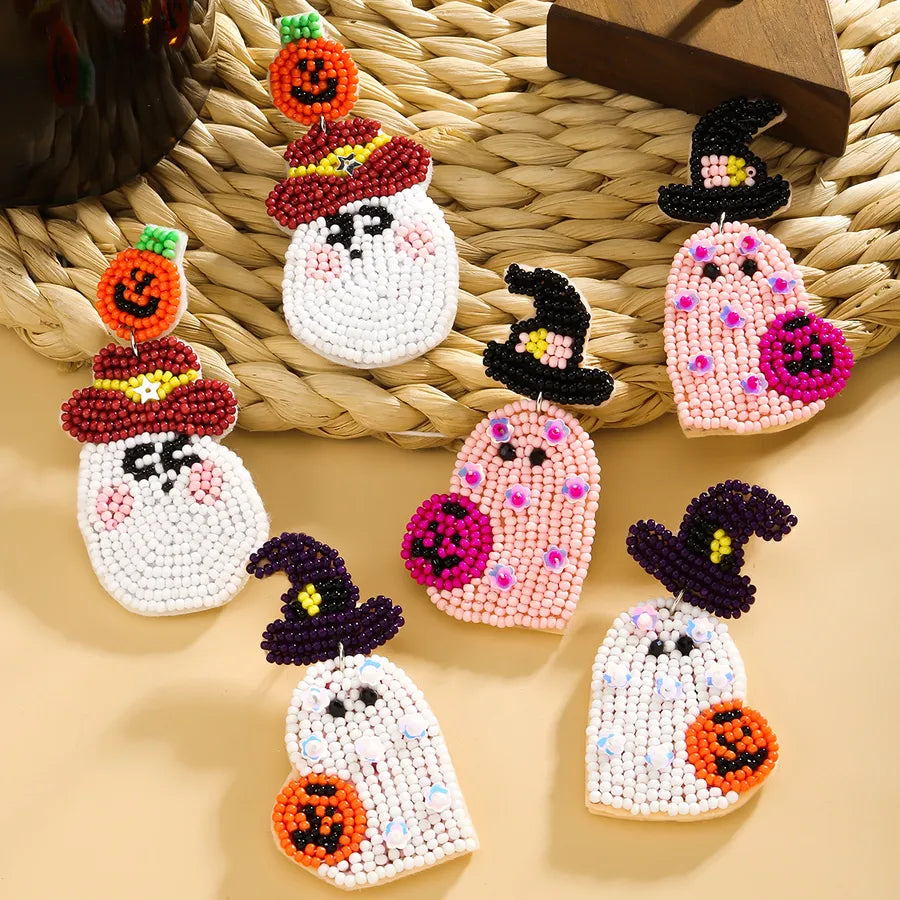 Cute Funny Multi-Color Beaded Ghost Shape Bead Earrings Halloween Makeup Party Ear Studs Earrings