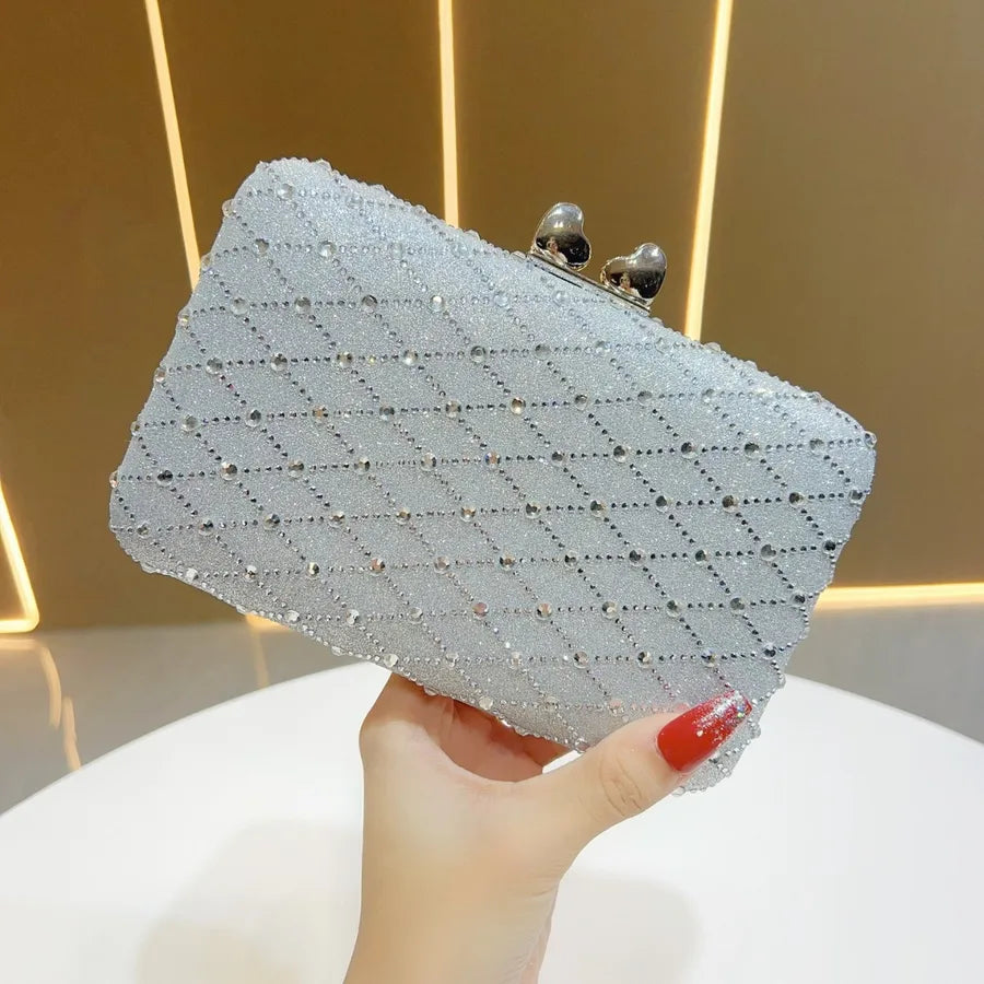 Fashionable Full Diamond Handbag Shoulder Dinner Bag For Women Square Polyester Bag With Chain Elegant Lady Clutch Purse