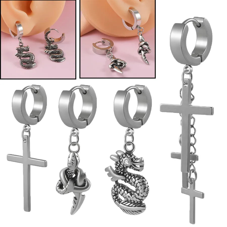 1 Piece Hip-Hop Cross Snake 304 Stainless Steel Drop Earrings