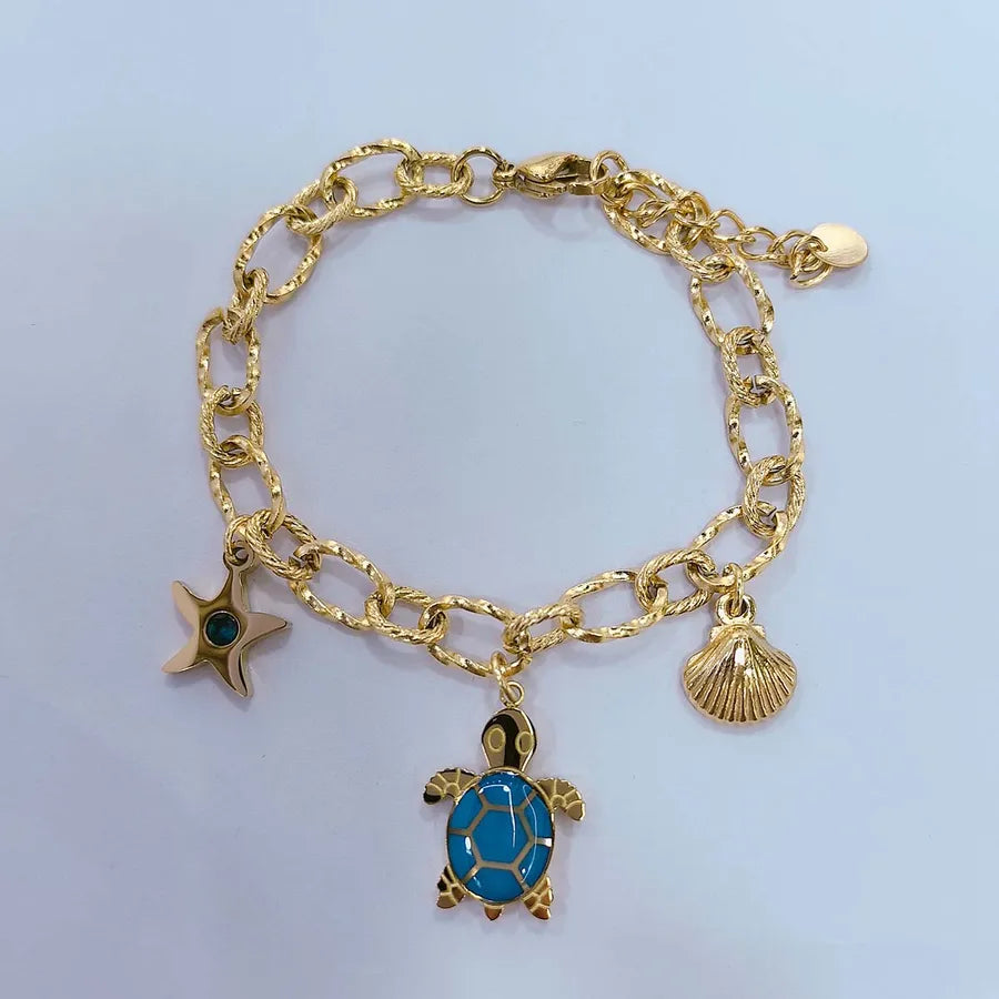 Casual Marine Style Scallop Starfish Turtle 304 Stainless Steel 18K Gold Plated Paperclip Chain Bracelets In Bulk