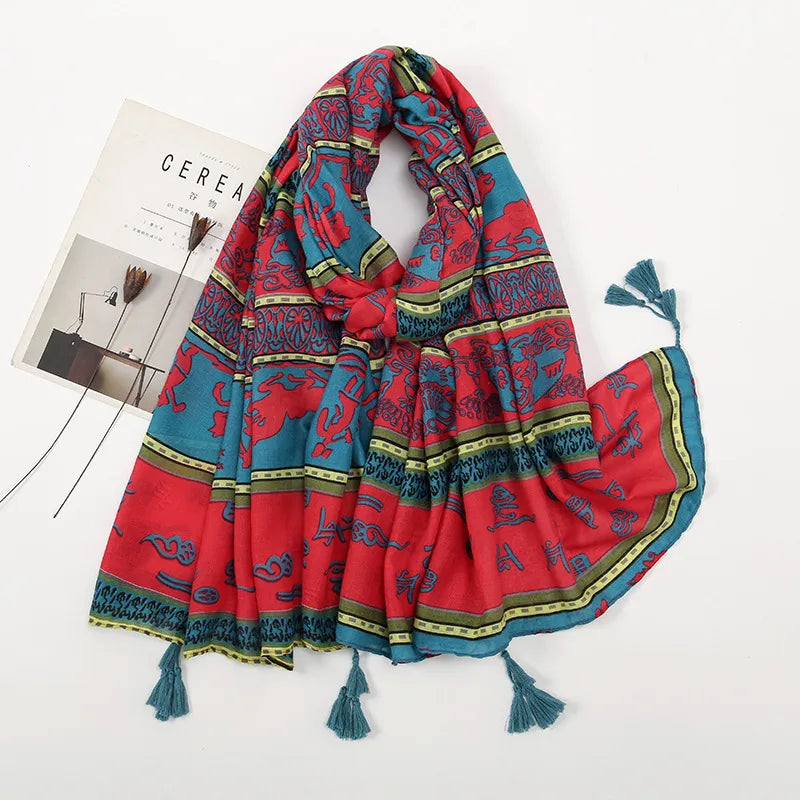 women's retro color block polyester printing scarf