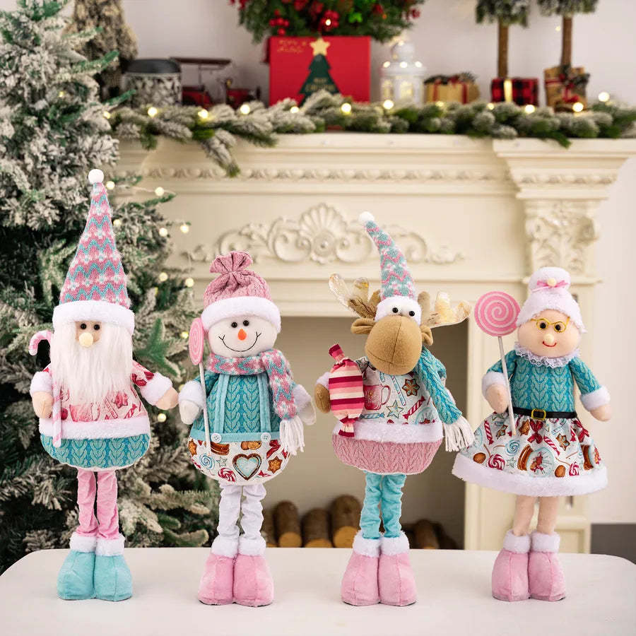 New Christmas Decoration Pink Santa Claus Snowman Extendable Dolls Display Window Arrangement Festive Polyester And Cotton Decor