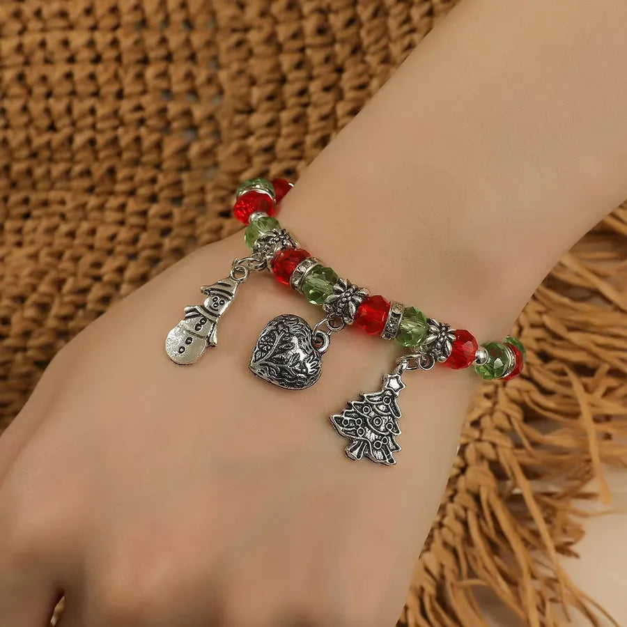 Handmade European Christmas Tree Beaded Bracelet Vintage Cute Snowman Silver Metal Bangle Women's Fashion Jewelry Accessory