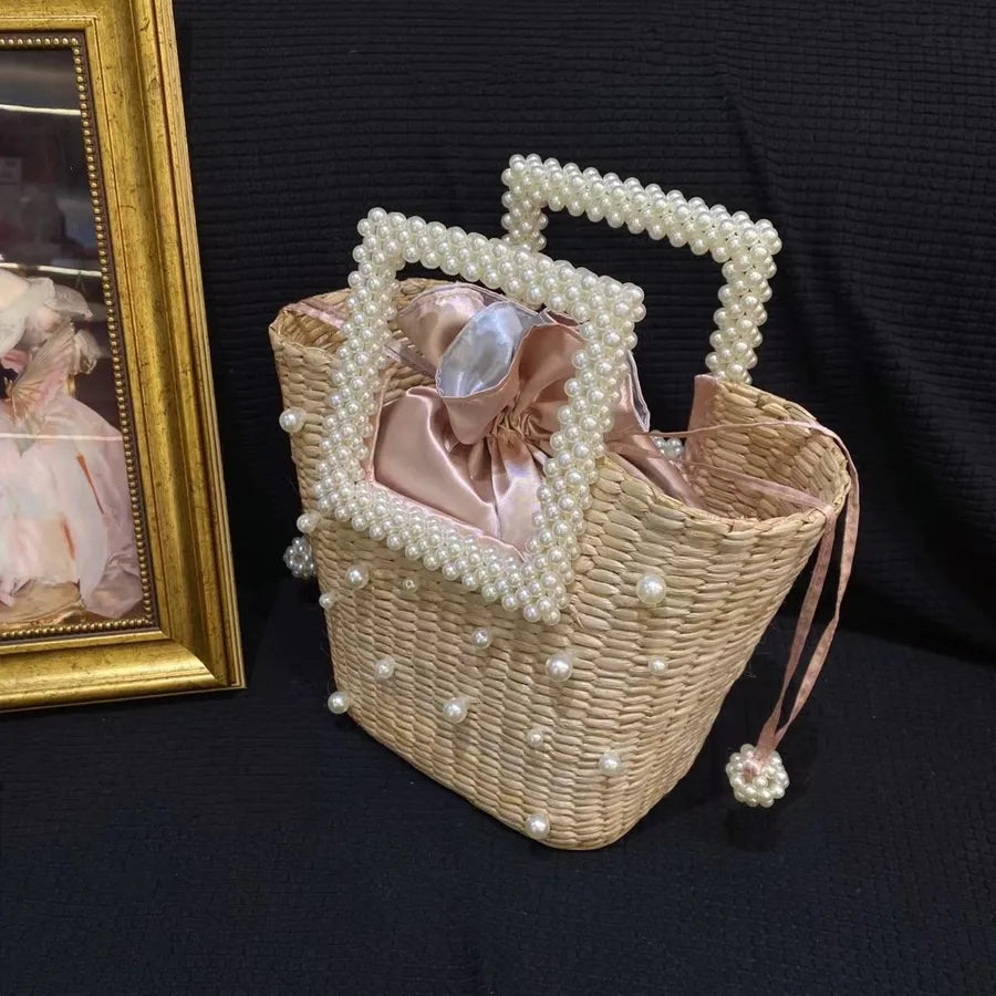Women's Straw Flower Vacation Beading Pearls Weave Bucket String Handbag