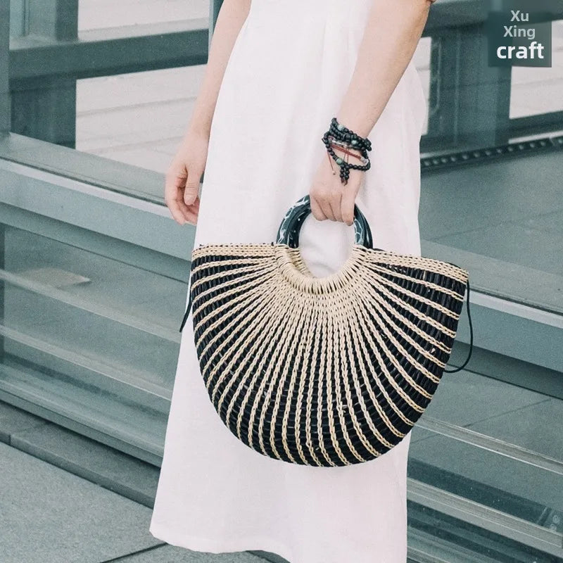 Xuxing Craft Straw Bag  Summer Yellow Straw Bag Pumpkin Holiday Beach Bag Women's Handbag Fashion Drawstring