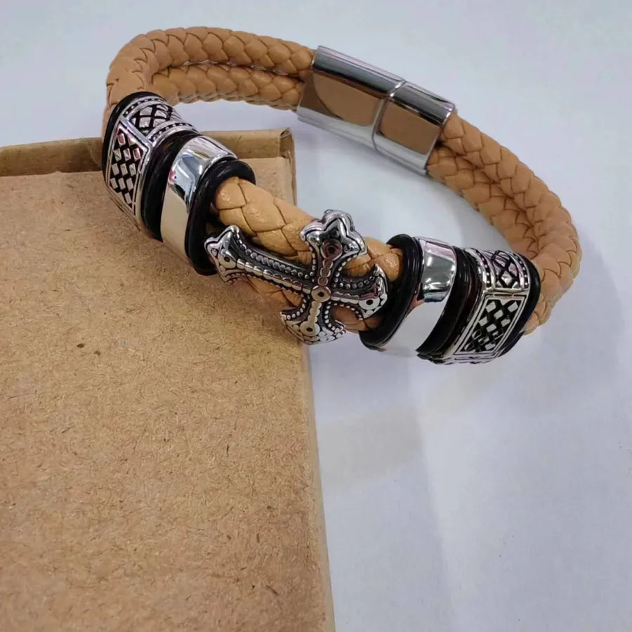popular leather cross stainless steel bracelet metal accessories genuine leather bracelet men's bracelet jewelry