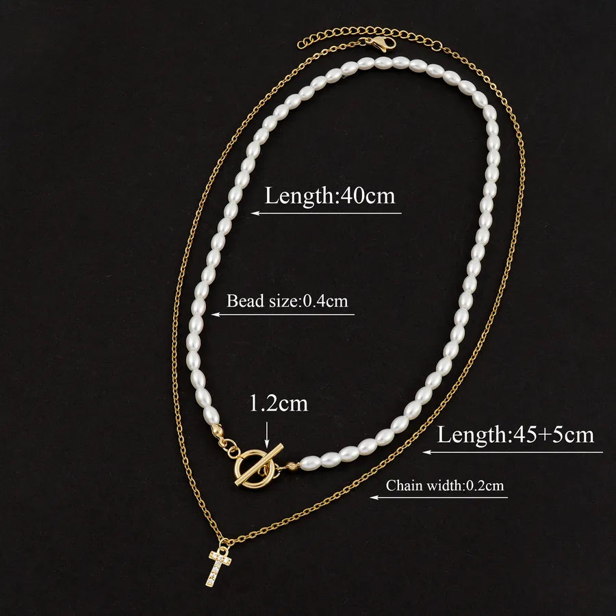 Elegant Simple Style Classic Style Letter Zircon 201 Stainless Steel Artificial Pearl Copper Beaded Chain cable chain Beaded Necklaces Wholesale