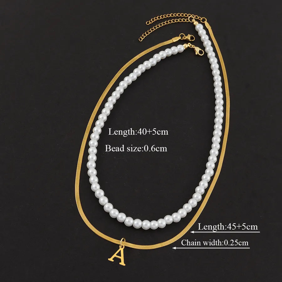 Casual Elegant Simple Style Letter 201 Stainless Steel 304 Stainless Steel Artificial Pearl Beaded Chain snake chain Layered Necklaces Wholesale