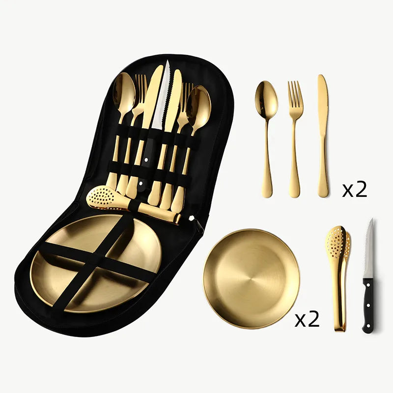 Outdoor travel stainless steel tableware camping picnic barbecue plate clip steak knife, fork and spoon suit portable storage bag