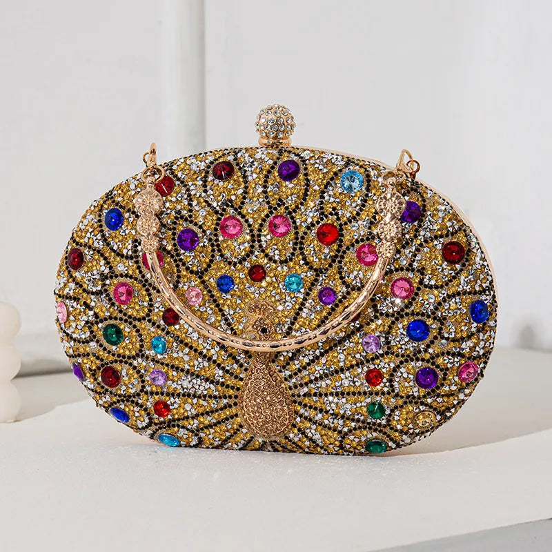 Rhinestone Metal Peacock Oval Evening Bags