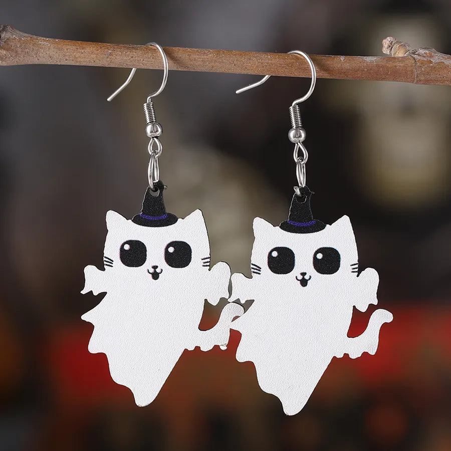 Halloween Cute Angel Cat Magic Hat Black Cat Pendant Earrings Ladies Vintage Wooden Gothic Style Double-Sided Ear Jewelry Party Gift