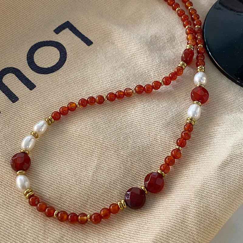 Retro Japanese Style Geometric natural stone Freshwater Pearl Agate Pendant Necklace In Bulk