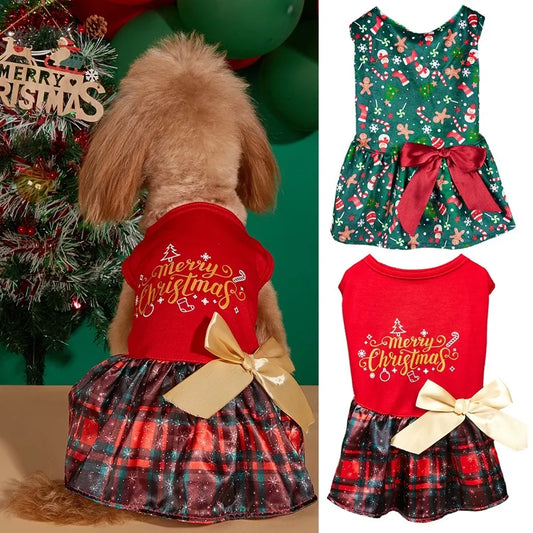 Christmas Print Butterfly Bowknot Ribbon Dress Princess Style Dog Skirt Teddy Costume Pet Clothes  Hot Sale
