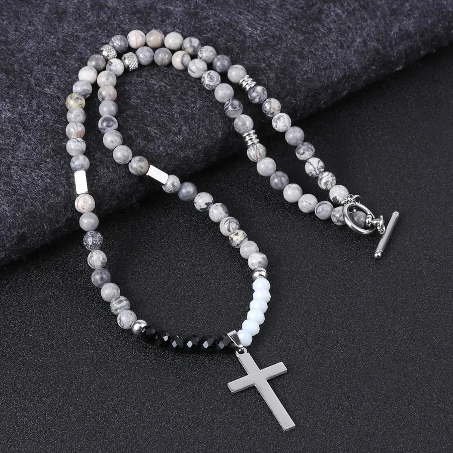 Simple Style Classic Style Cross natural stone Titanium Steel Beaded Polishing Men's Pendant Necklace