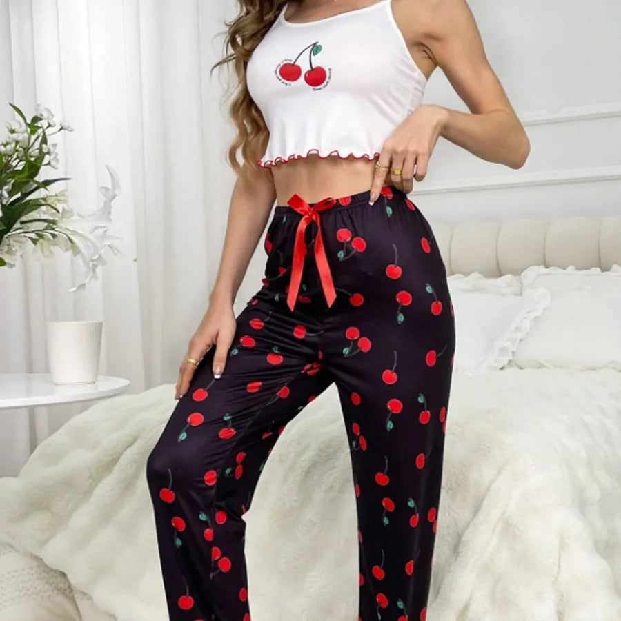 designed Hot-Selling Milk Silk Sexy Pajamas Simple Casual Printed Camisole Elastic Long Pants Loungewear Set