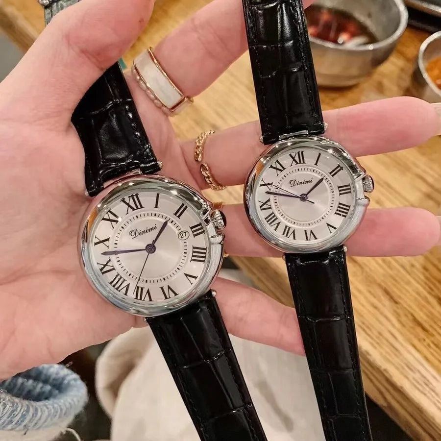 Dimini Couple Watches Genuine Leather Waterproof Men's Watch Simple Elegant Quartz Watch Mineral Strengthened Glass Mirror