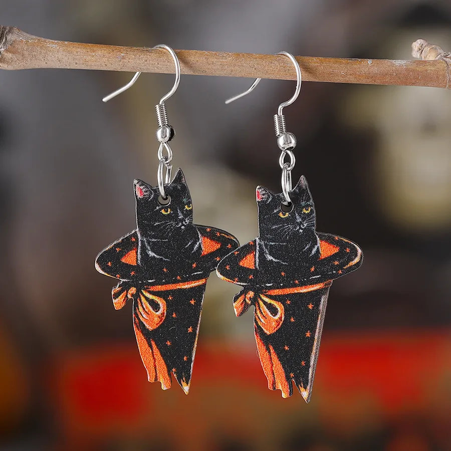Halloween Cute Angel Cat Magic Hat Black Cat Pendant Earrings Ladies Vintage Wooden Gothic Style Double-Sided Ear Jewelry Party Gift