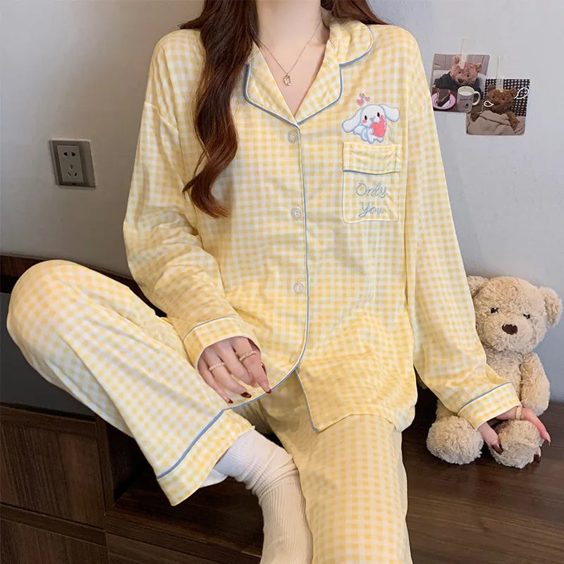Sweet Heart Plaid Long Sleeve Sleepwear Set Women's Home Clothes Spring Autumn Season Polyester Milk Silk Thin Breathable Casual