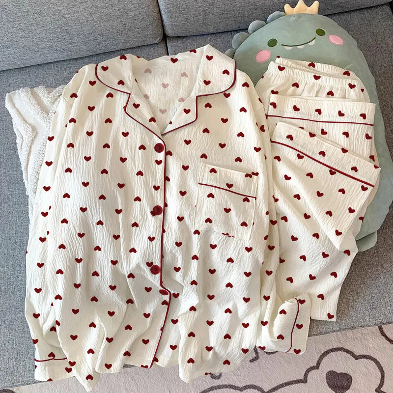 Sweet Girl Heart Print Open Cardigan Sleepwear Long Sleeve Crepe Home Clothes Set Spring New Style Casual Breathable Polyester