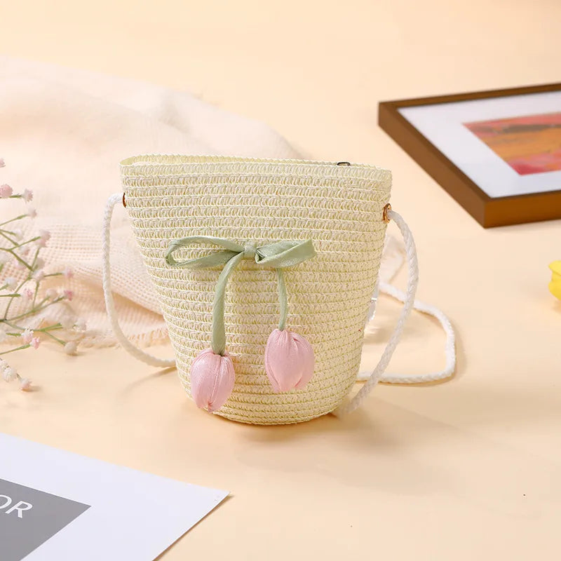 Summer Beach Seaside Tulip Straw Woven Bag  New Children Flower Straw Bag Mobile Phone Crossbody Bag