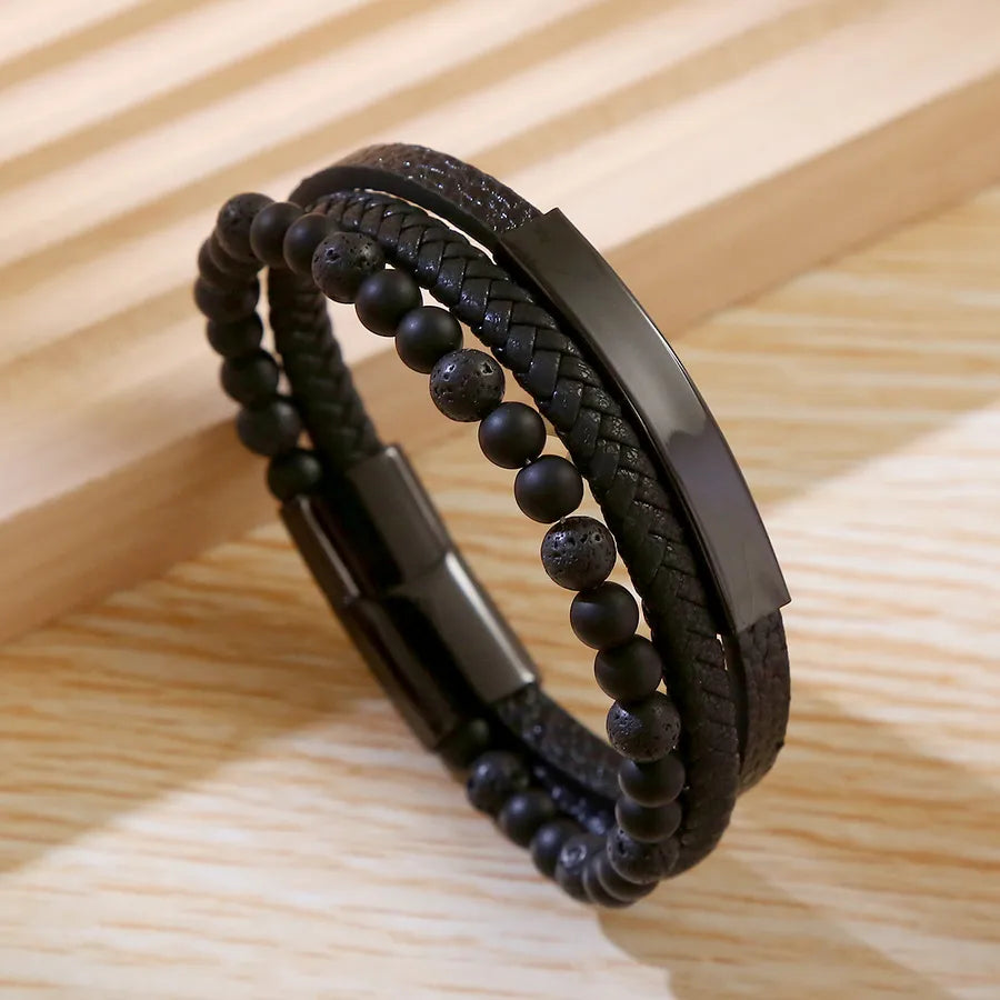 Business Argyle Stainless Steel Pu Leather natural stone Beaded Knitting Men's wristband
