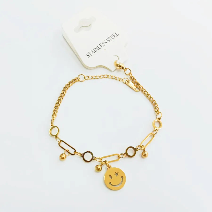 Casual Elegant Simple Style Love Heart Shape Smiley Face 304 Stainless Steel Zircon Paperclip Chain cable chain Bracelets In Bulk