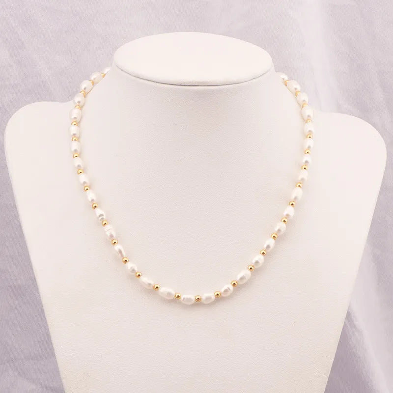 lady solid color freshwater pearl titanium steel beaded plating necklace