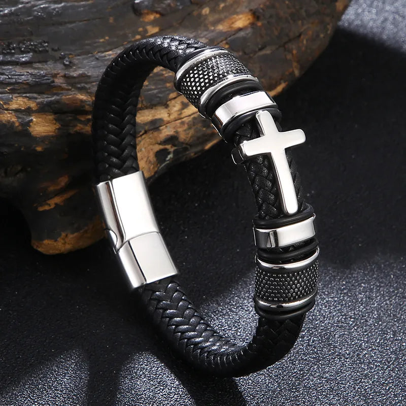 popular leather cross stainless steel bracelet metal accessories genuine leather bracelet men's bracelet jewelry