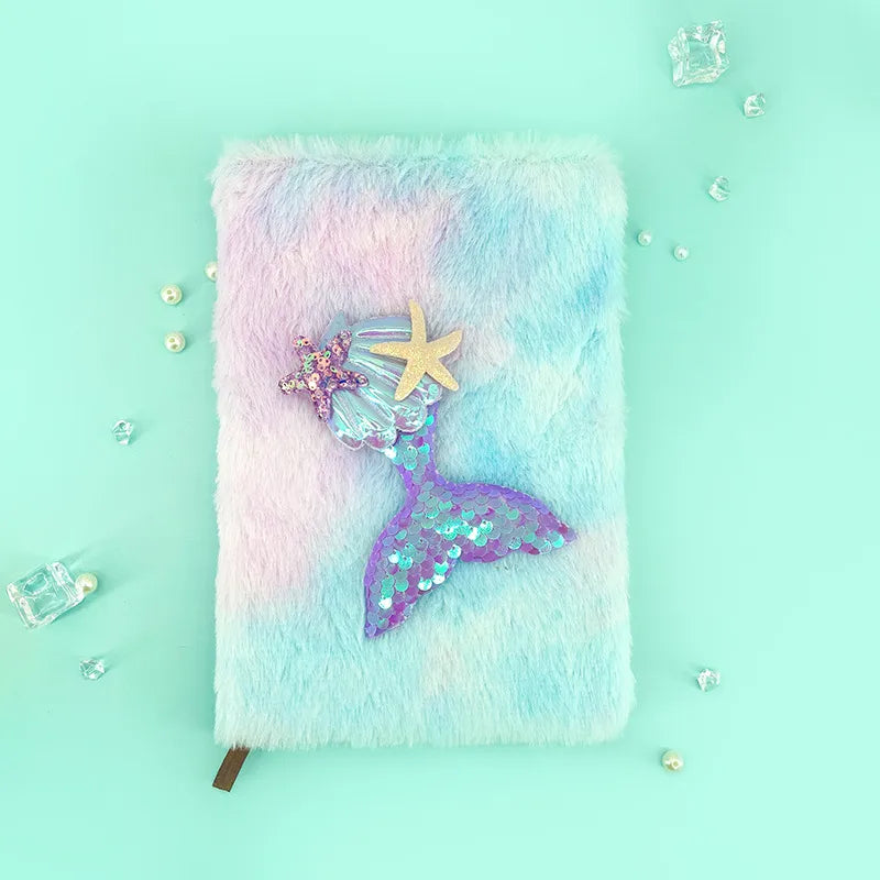 Mermaid Tail Shiny Sequin Plush Notebook A5 Size 80 Pages Cute Cartoon Style Memory Book Diary Gift For Girls