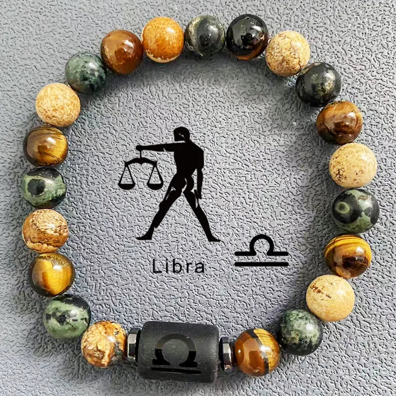 Twelve Constellation Natural Stone Beads Bracelet Hot Selling Tiger Eye Stone Picture Stone Mix and Match Couple Beads Bracelet