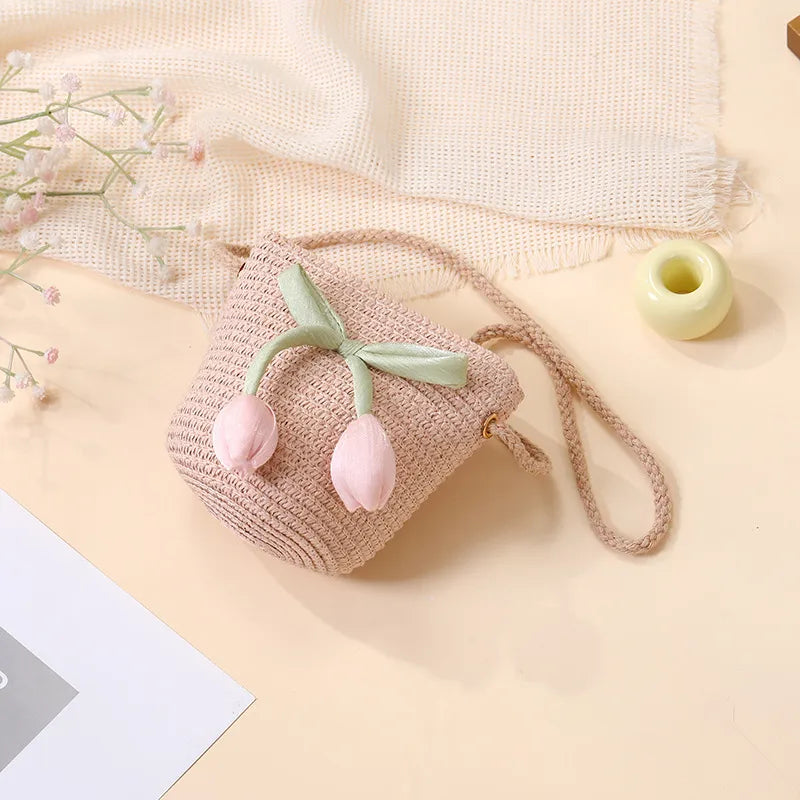 Summer Beach Seaside Tulip Straw Woven Bag  New Children Flower Straw Bag Mobile Phone Crossbody Bag