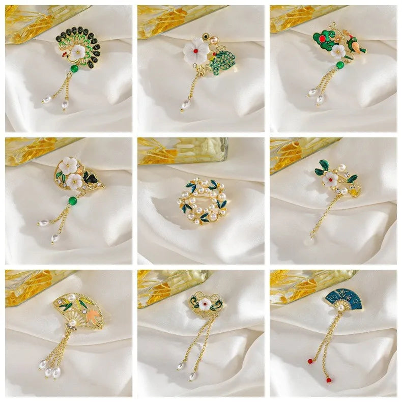 Green Chinese Style Brooch Pin Vintage High-End Tassel Creative Versatile Hanfu Cheongsam Embroidery Zinc Alloy Jewelry Accessory