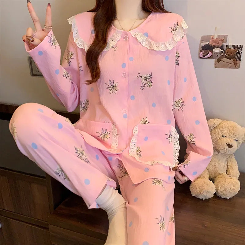 Sweet Cherry Cloud Cotton Long Sleeve Spring Home Clothes Set For Girls Comfortable Breathable Sleepwear Casual Style