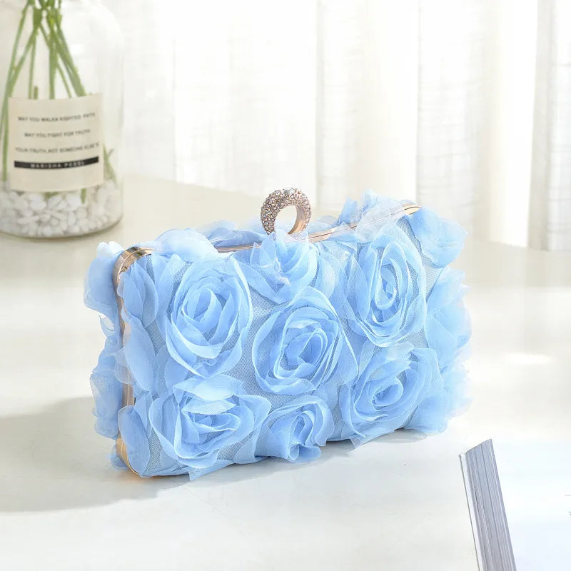 New Rose Flower Shaped Wedding Handbag Fashionable Evening Clutch Bag Nightclub Dress Bag Silk Square Handbag Fresh Sweet Style