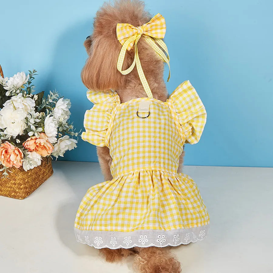 sweet cotton plaid bow knot pet clothing