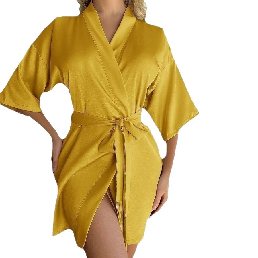 Bathrobe Women's Sexy Sleeve Nightgown Four Seasons Short Cardigan Lace Tassel Bathrobe Thin Sexy Pajamas