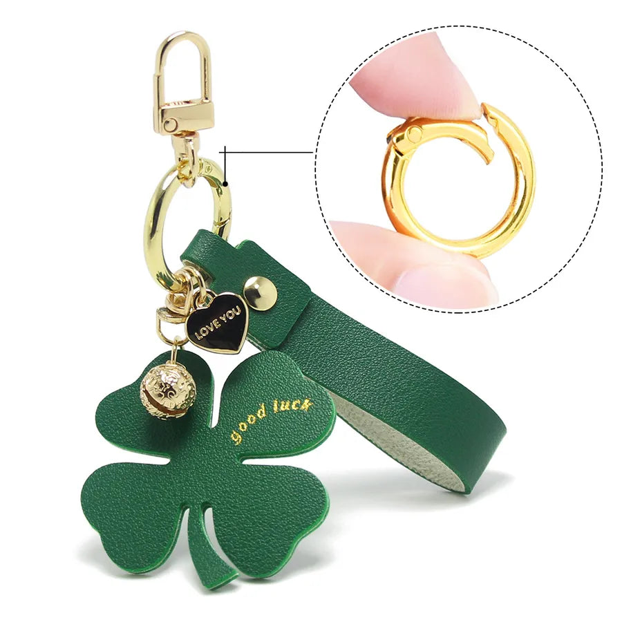 Lucky Four-Leaf Clover Car Leather Key Chain Pendant Internet Celebrity Valentine's Day Gift Four-Leaf Clover Bell Pendant
