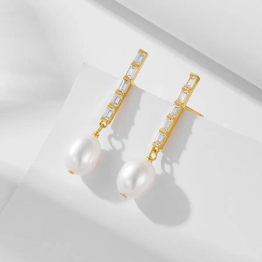 1 Pair 925 Sterling Silver Freshwater Pearl Zircon Geometric Solid Color Drop Earrings